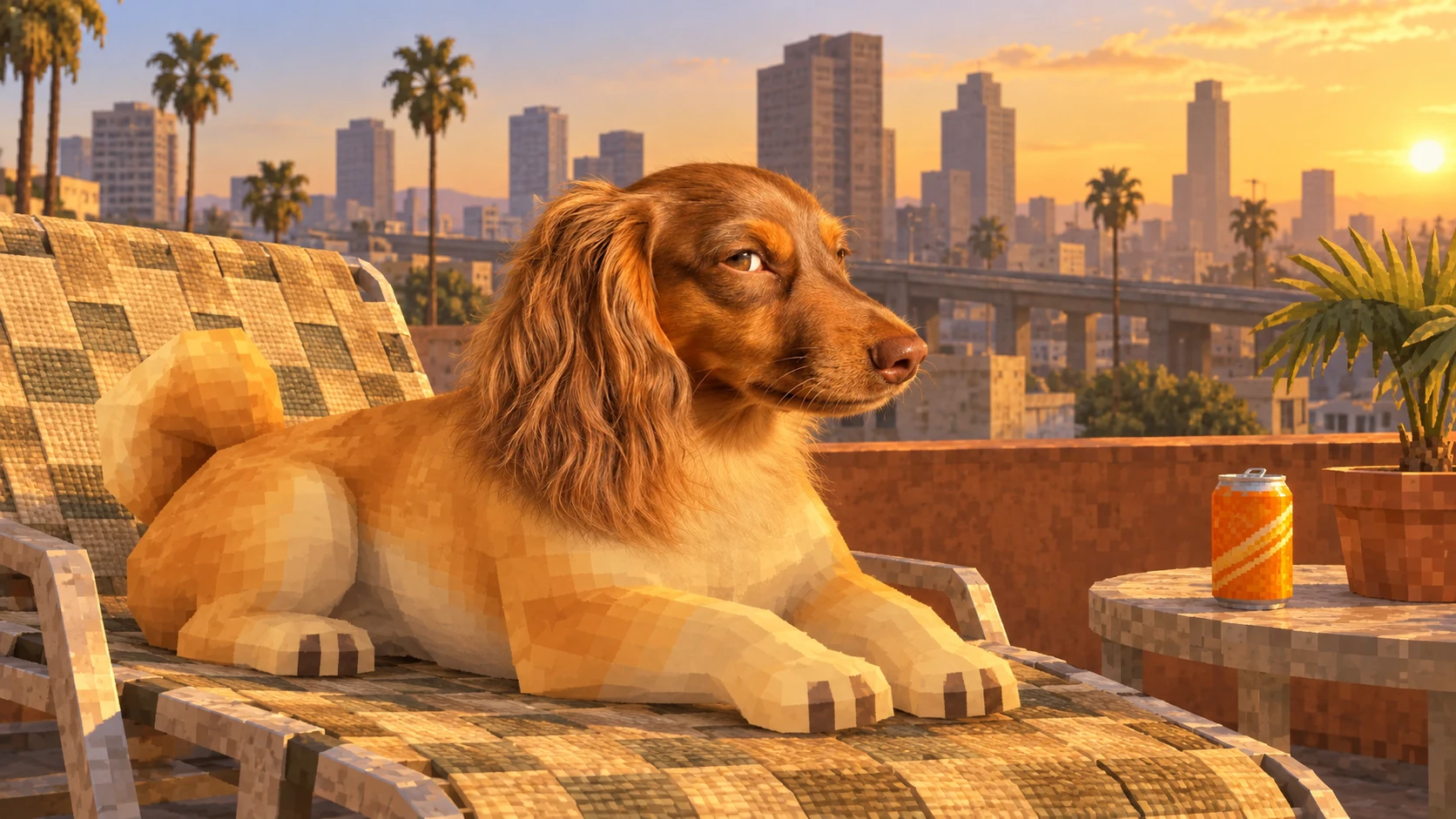 ODIE lounges on a rooftop chair overlooking the palm-lined city at golden hour