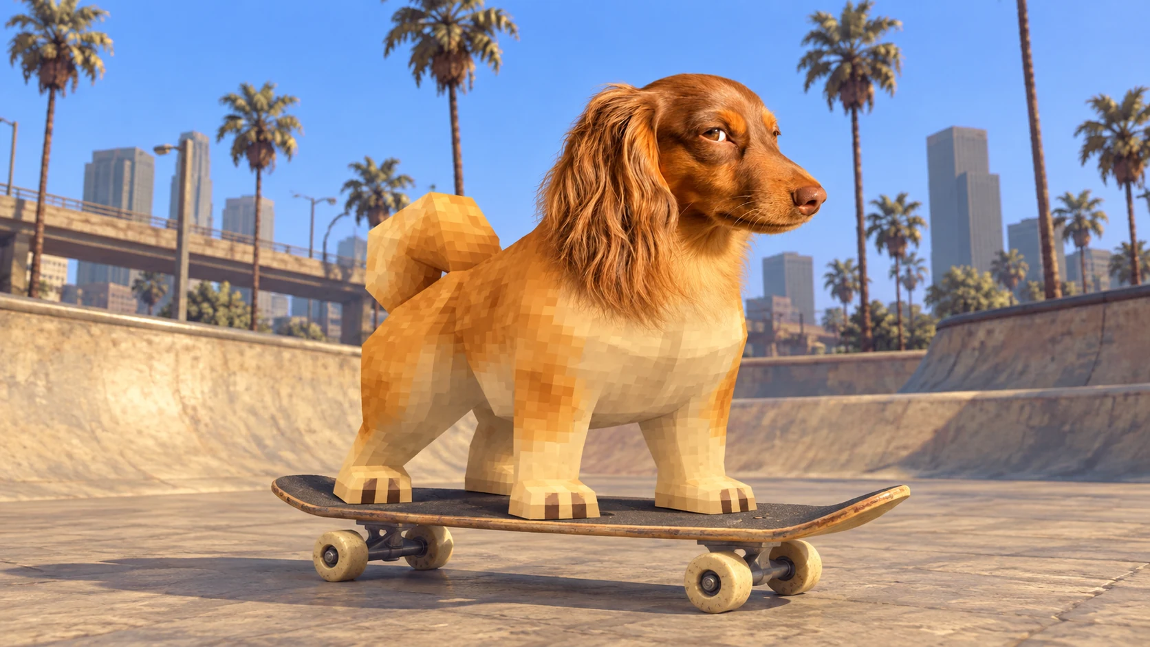 ODIE balances all four square paws on a skateboard in a sunlit concrete skatepark