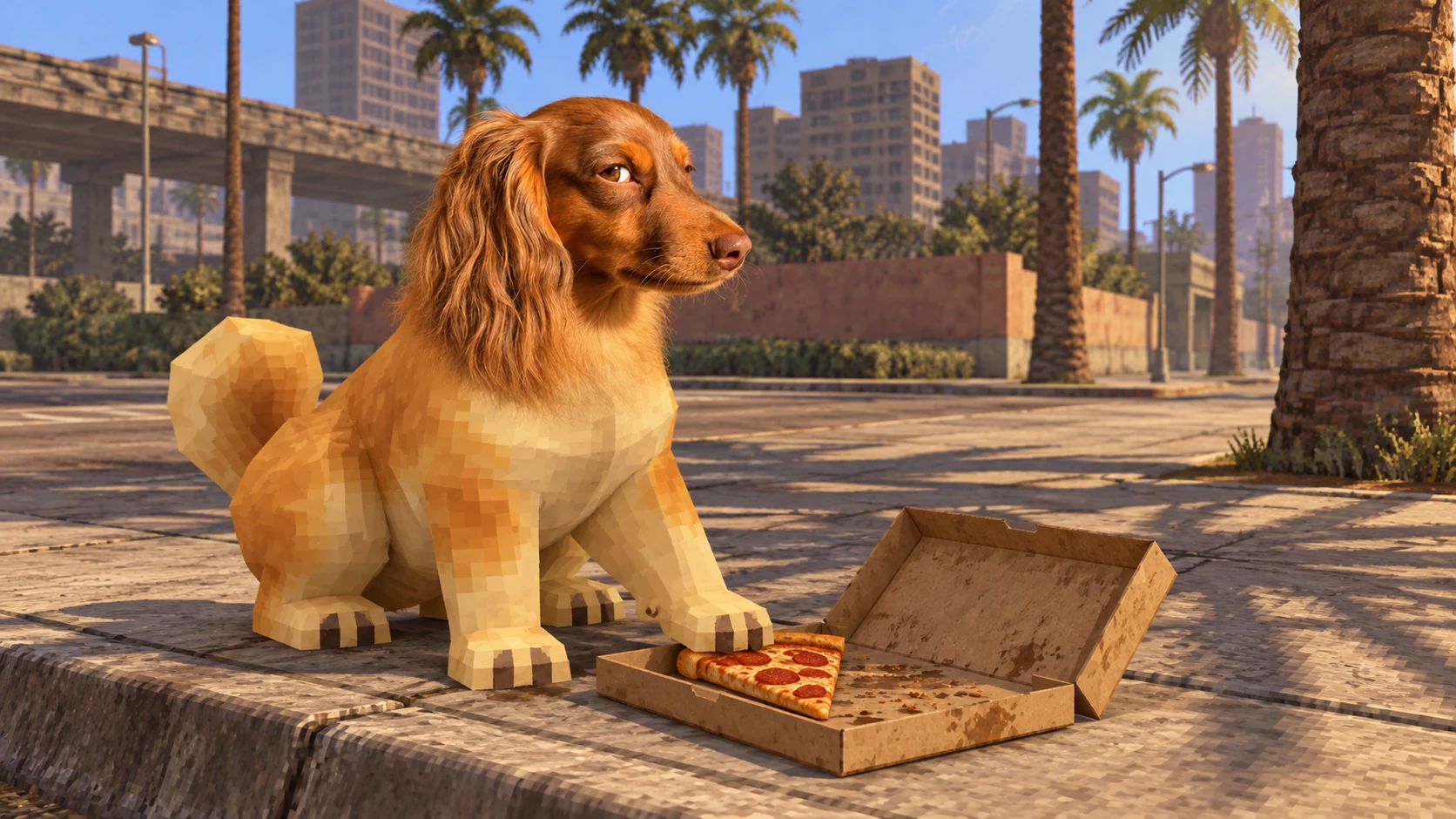 ODIE guards the last slice of pizza on a sunny concrete curb