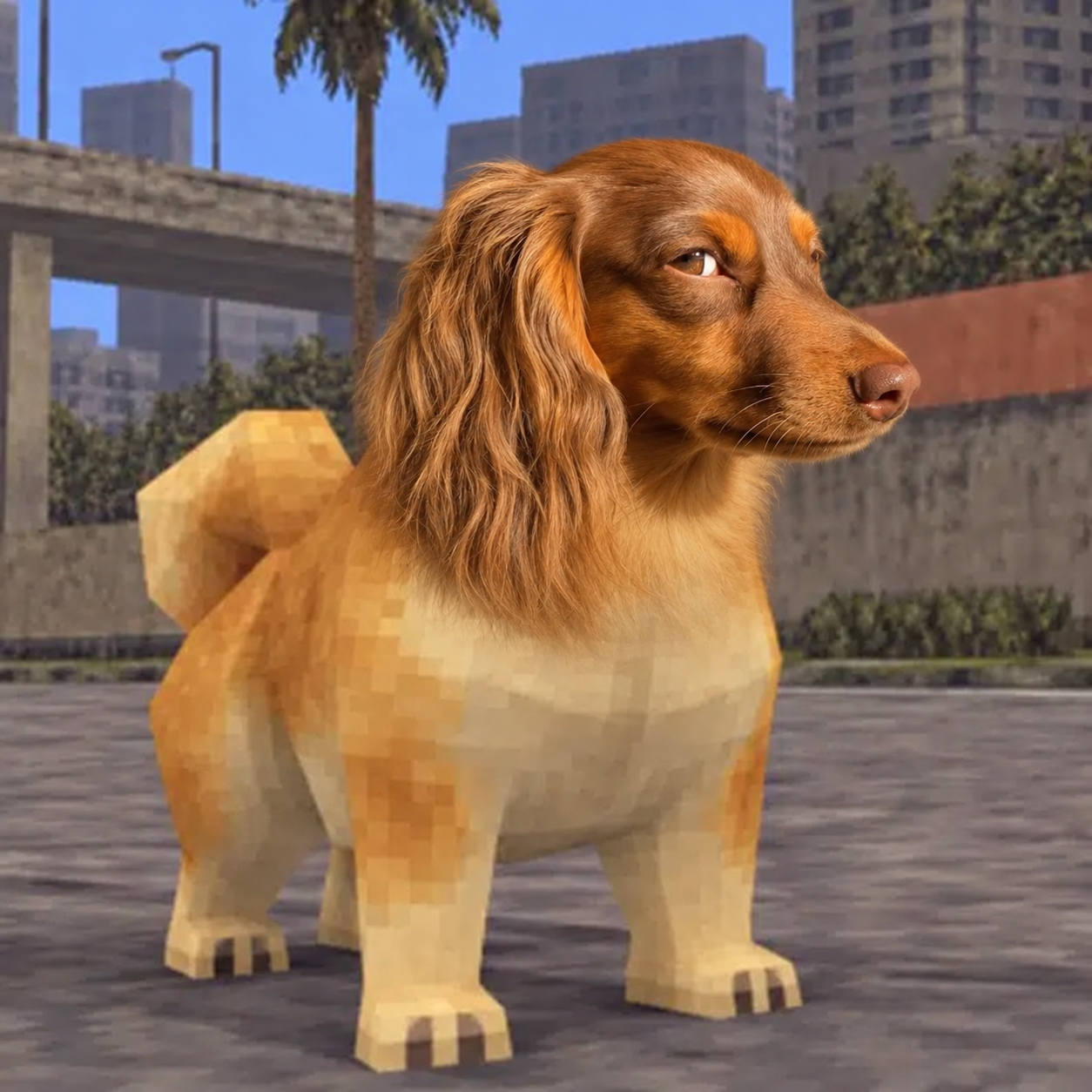 ODIE's golden spaniel head and blocky dog body, giving a sideways look on a palm-lined city street