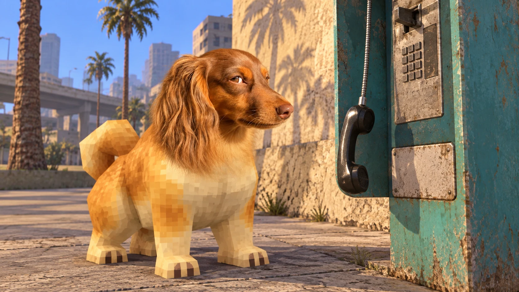 ODIE sits by a turquoise payphone, suspicious of the dangling receiver